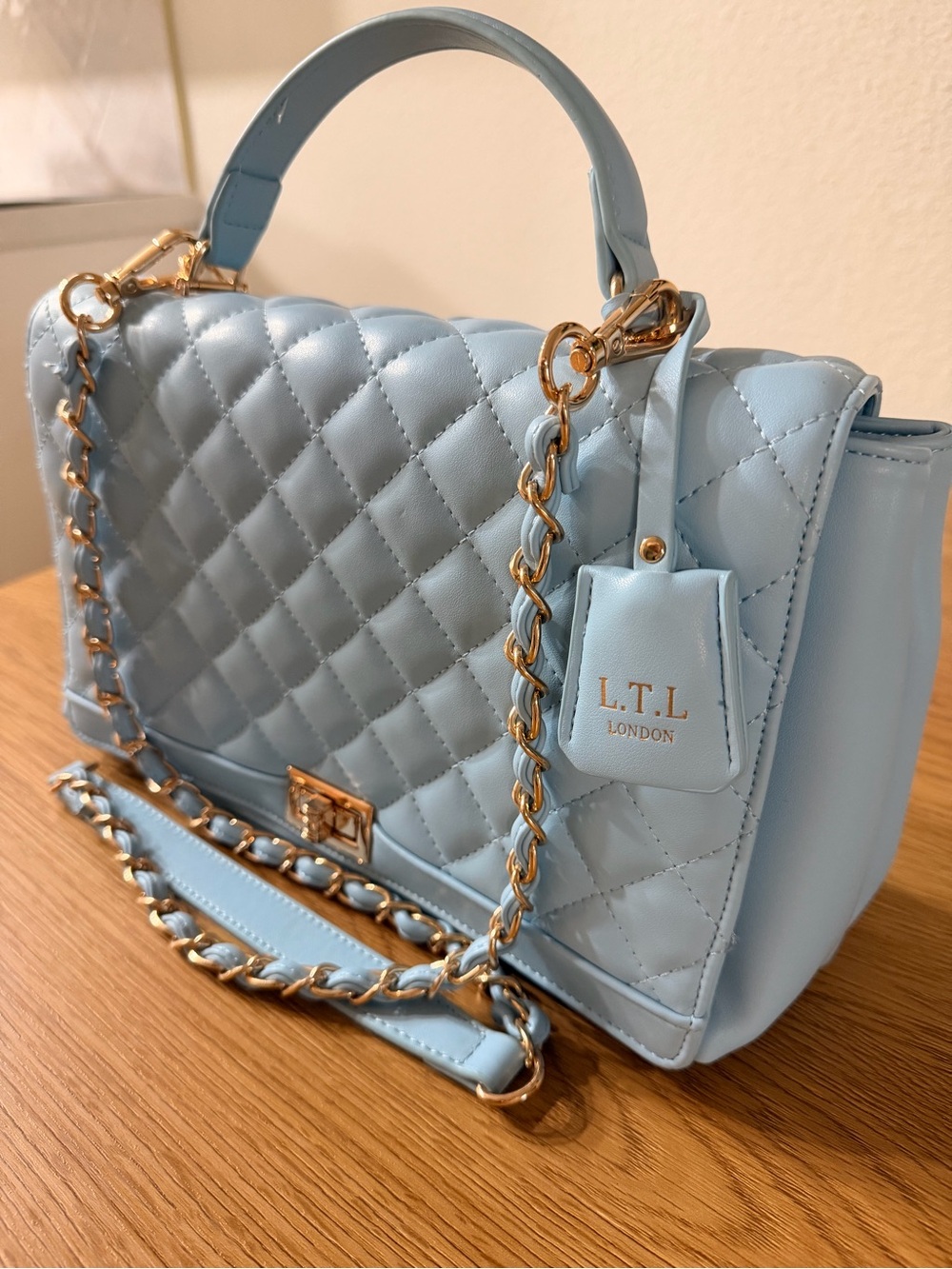Quilted Shoulder Bag in Light Blue with Gold Chain